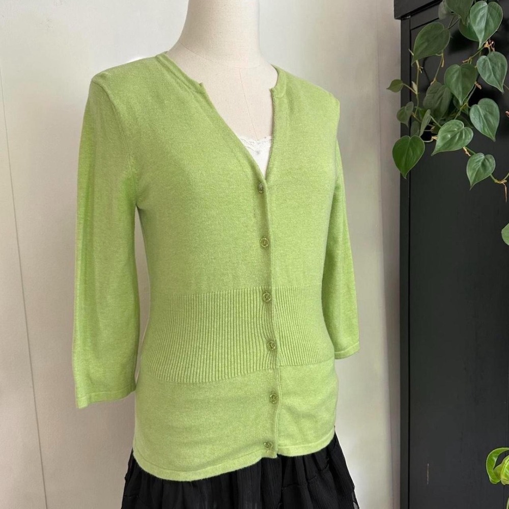 Kersh Women Lime Green V-Neck Button Front Fitted Cardigan 3/4 Sleeve Top Large